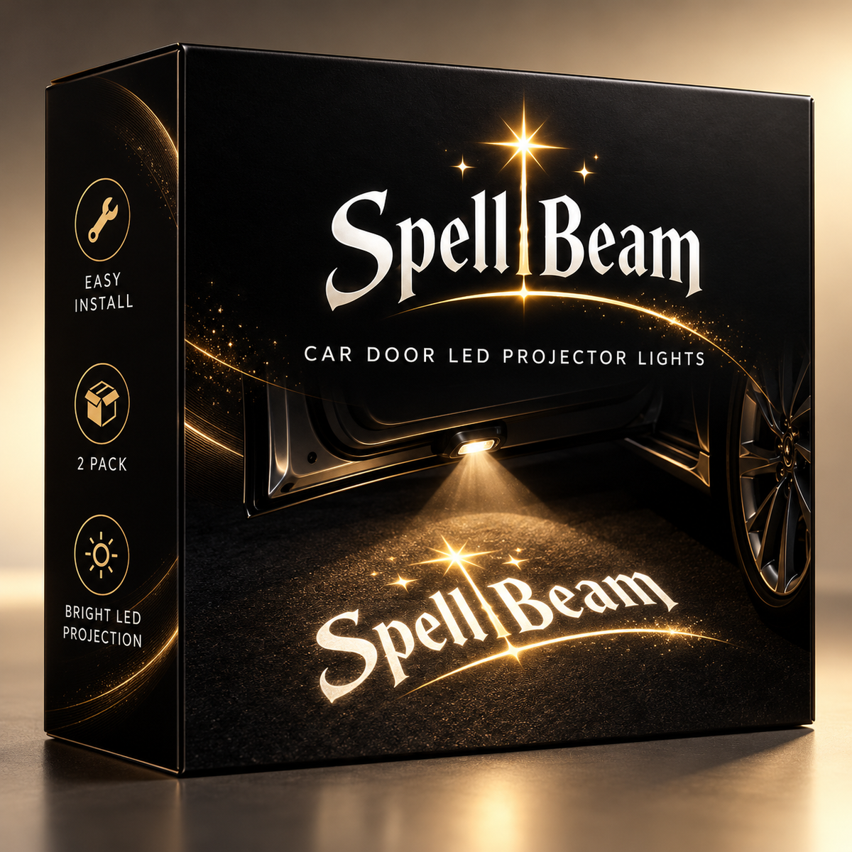 Black and gold SpellBeam car door LED projector lights box