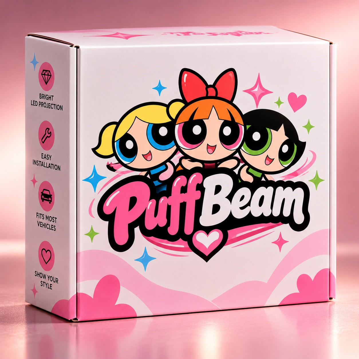 Pink PuffBeam car door projector box with three colourful characters